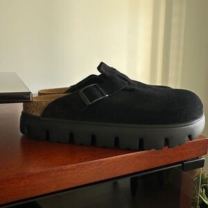 Birkenstock Papillio collab Boston Black Suede Clogs with Buckle